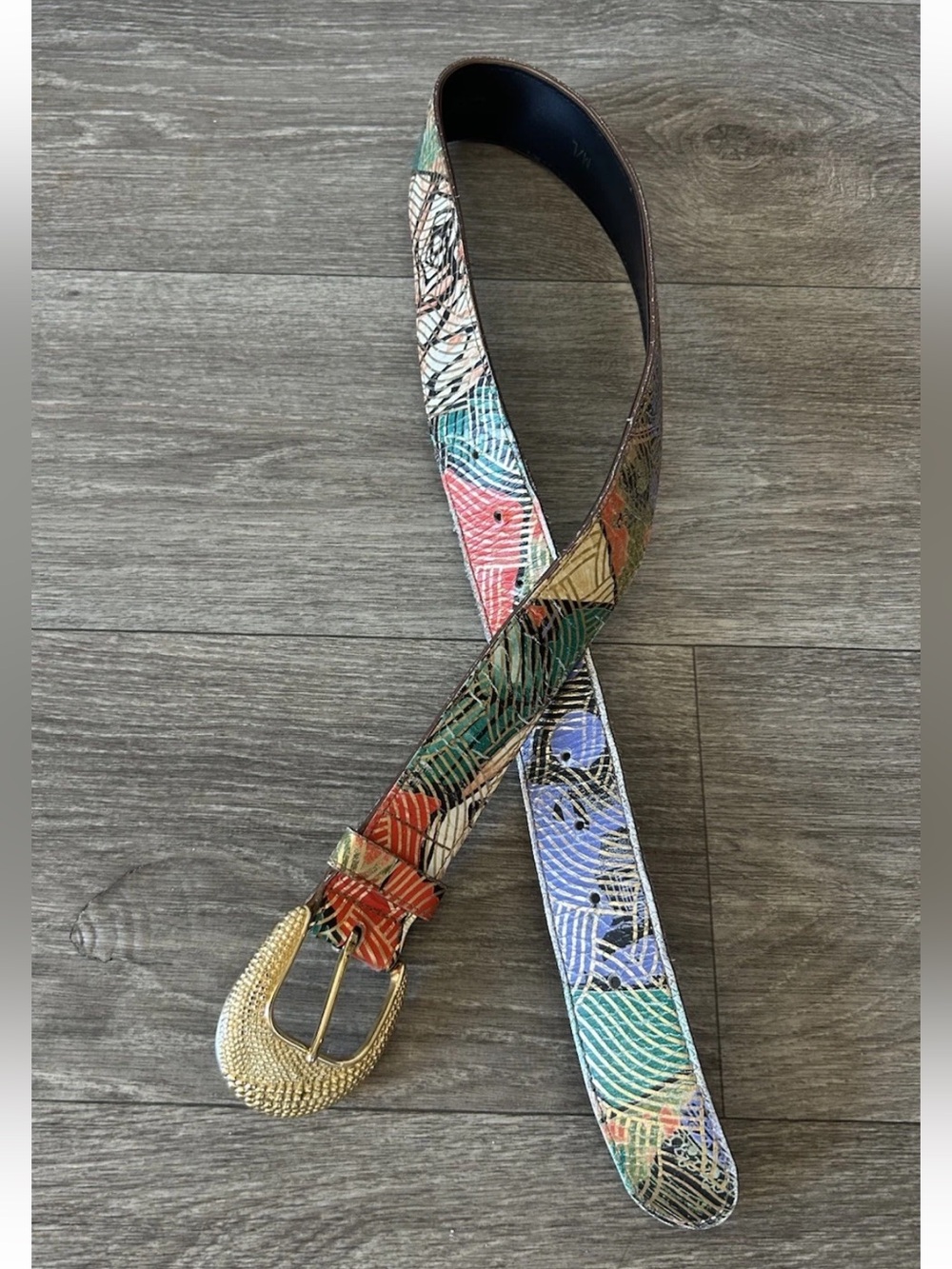 Vintage 80s Abstract Painted Leather Belt Gold Buckle USA M/L 38” - Picture 2 of 14